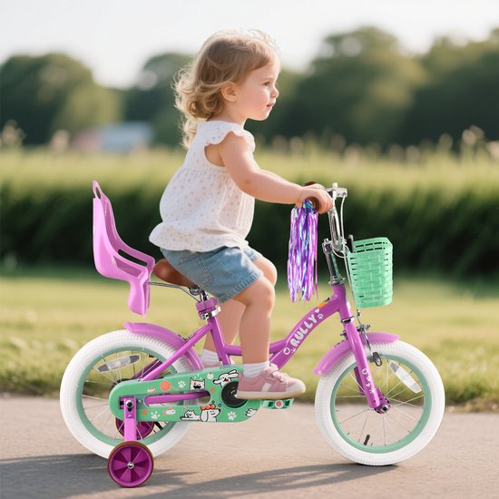 Vankel Kinderfiets 12 Inch - Met Steunwielen - Terugtraprem en Velgrem - Sterk Stalen Frame - Volledig Gesloten Kettingkast - Afneembare Fietsmand - Verstelbaar Zadel - Antislip Banden - Geschikt voor 2-4 Jaar - Duurzame Kinderfiets - Paars van VANKEL — afbeelding 2