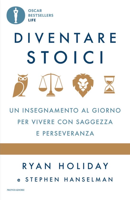 Boekcover "Diventare Stoici" met een uil, weegschaal, leeuw en zandloper.