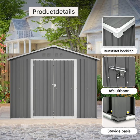 Metalen Tuinhuis 240x192 cm met Scharnierende Deuren – Antraciet Tuinschuur met Vloerframe – Weerbestendige Berging voor Fietsen & Tuingereedschap