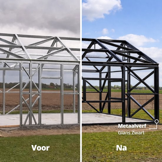 Vergelijking van een metalen kas: voor gestraald staal, na zwart geverfd.