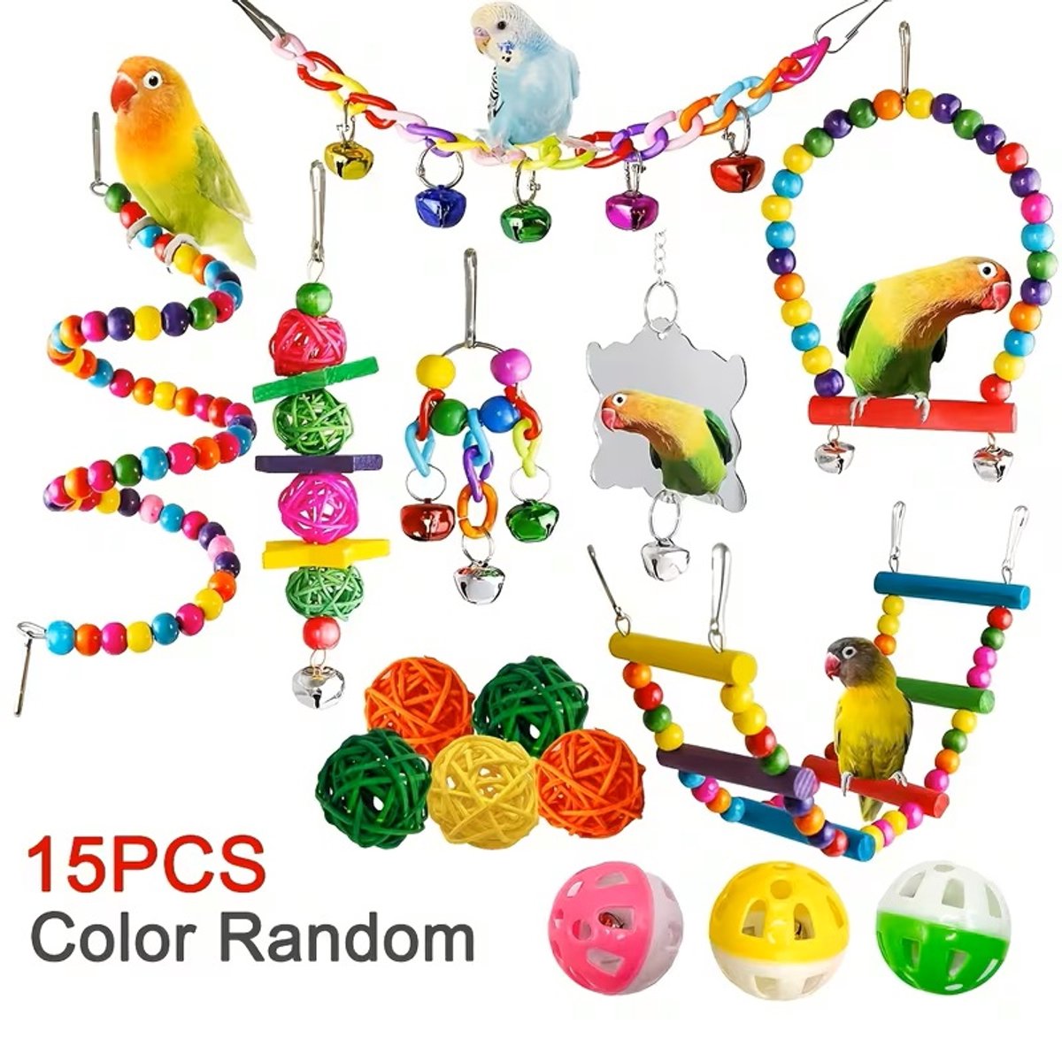 @ Lu’s Today® – Basic Pet Essentials – 15‑Delige Vogel Speelset – Schommels, Ladders & Belletjes