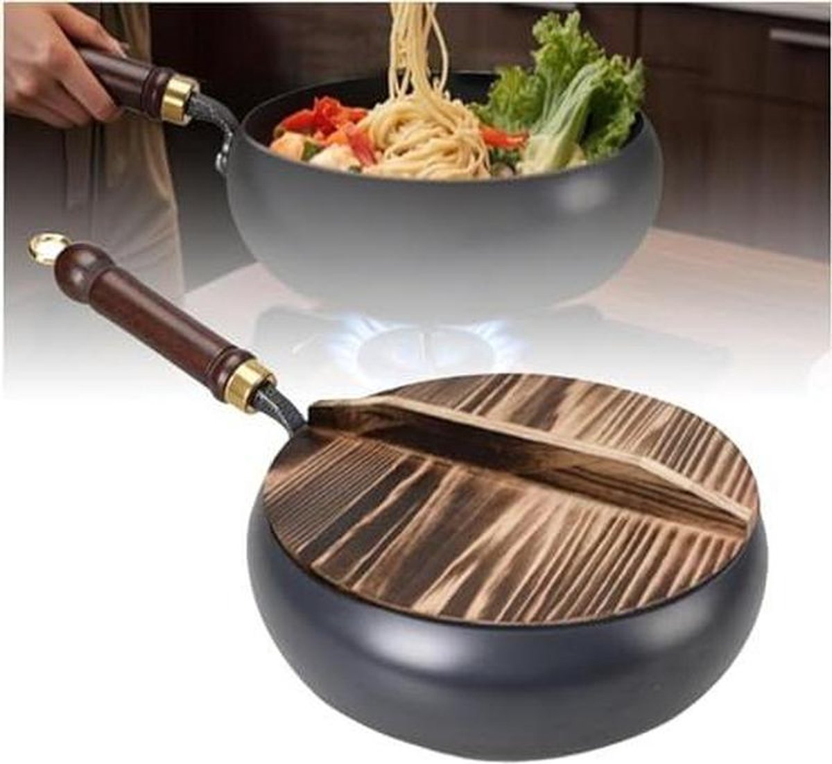 Handgesmede Wok - Roerbakpan Chinese pan - Aanbraden en koken - Dikwandig gietijzer - 24 cm - Zwart