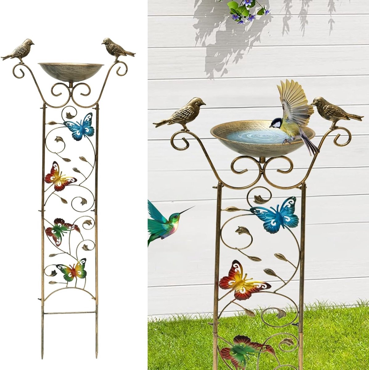 Stijlvolle Vogelbad voor de Tuin 105 x 37 cm met Grondpen en Vlinder- en Kolibrimotief, Weerbestendig en Perfect voor Tuin, Patio en Gazon