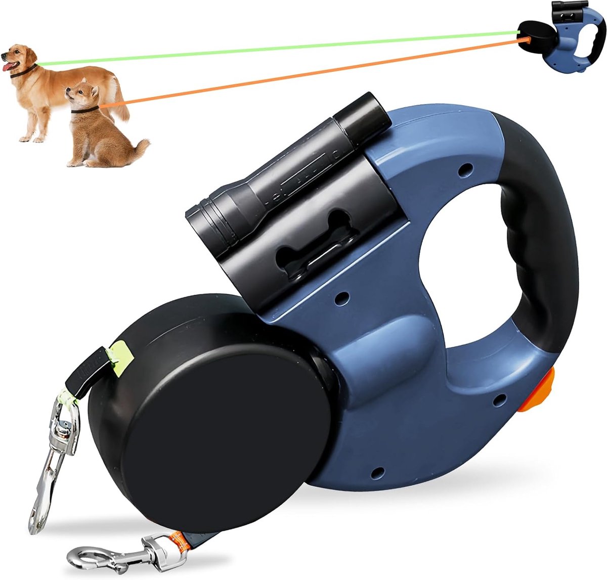 Dubbele oprolbare hondenriem, dubbele riem voor 2 honden, 3 m met lichtgewicht en antislip handvat voor kleine en middelgrote honden