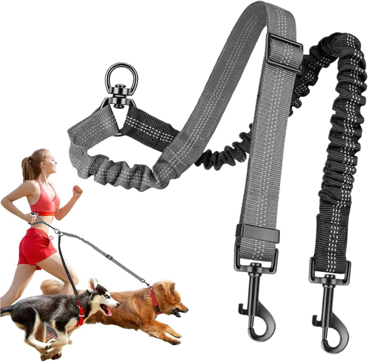 Dubbele riem voor 2 honden, knoopvrij, 360° draaibaar. Verstelbare, schokabsorberende, reflecterende hondenriem voor 2 honden, geschikt voor kleine, middelgrote en grote honden voor veilige wandelingen en training.