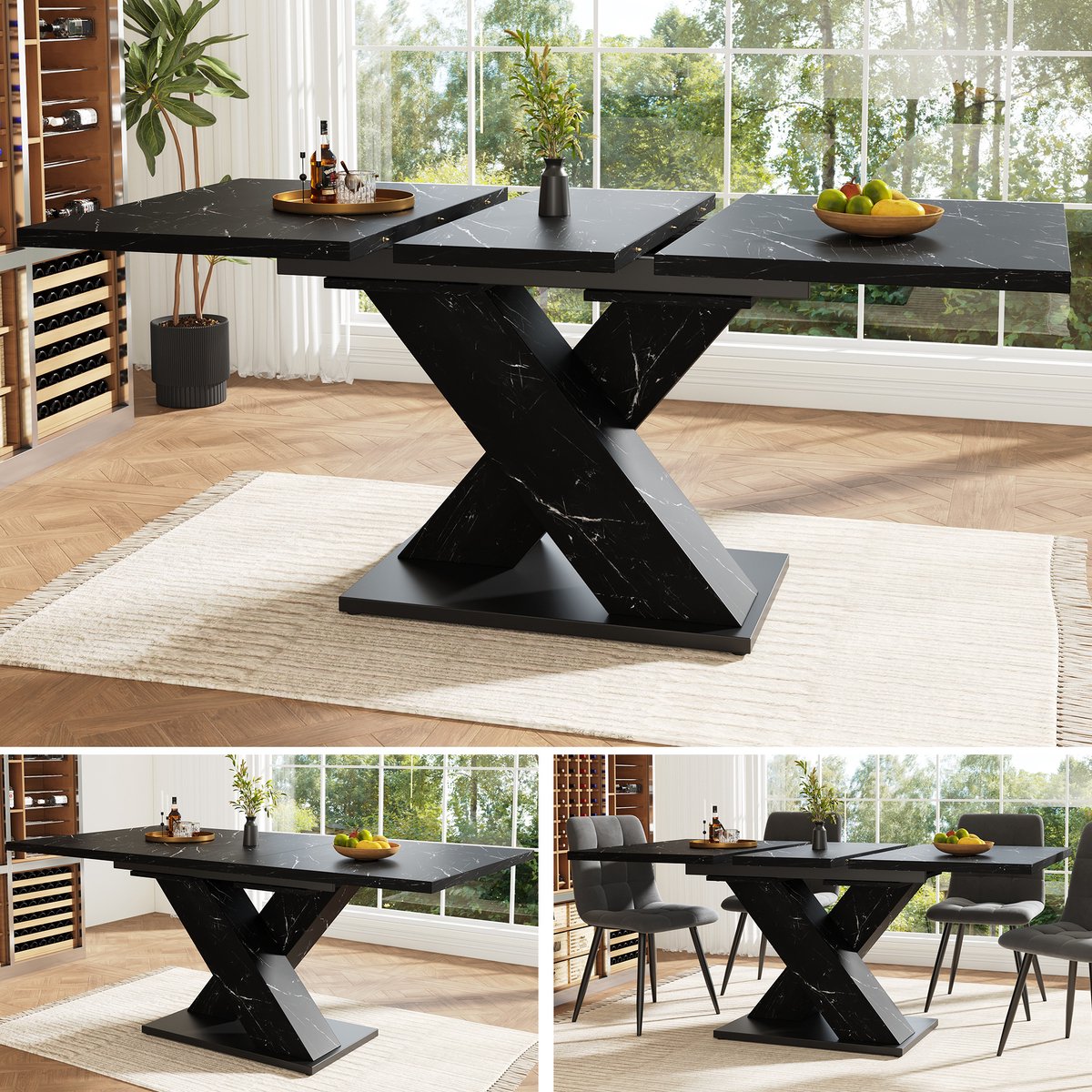 Uitschuifbare Eettafel in Zwart met Marmerlook, Moderne X-vormige Eettafel, Verlengbare Tafel - Uitschuifbare Tafel voor 4-6 personen, Stevige Metalen Rail, voor Keuken en Eetkamer