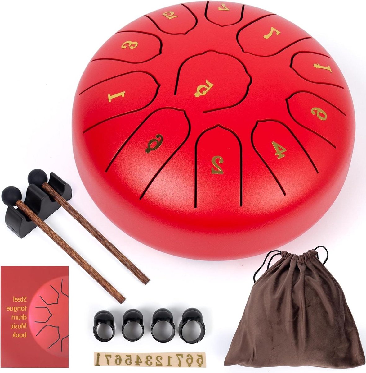 Stalen Tongtrommel - Handpan Trommel - Meditatie Muziek - 11 Noten C Groot - 15 cm - Rood