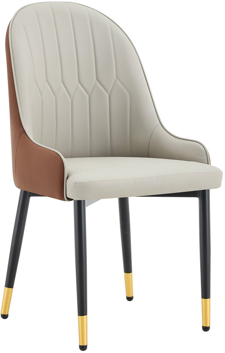 Merax Eetkamerstoelen Set van 2 - Kunstleren Stoelen - Gestoffeerde Stoelen - Metalen Poten met Gouden Details - Ergonomische Rugleuning - Warmgrijs Bruin
