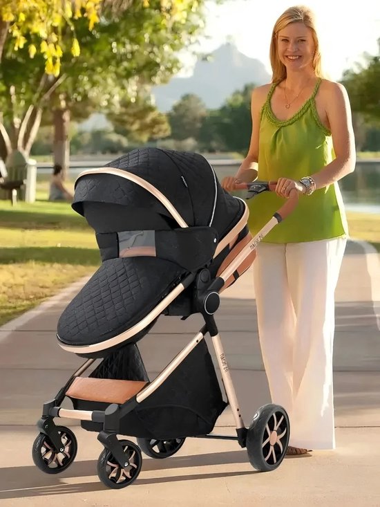 Mookes 3-In-1 Lichtgewicht Kinderwagen Luxe Hoog Landschap Kinderwagen Voor Pasgeborenen Compacte Regenhoes Kinderwagen Voor Baby Black van Merkloos — afbeelding 5