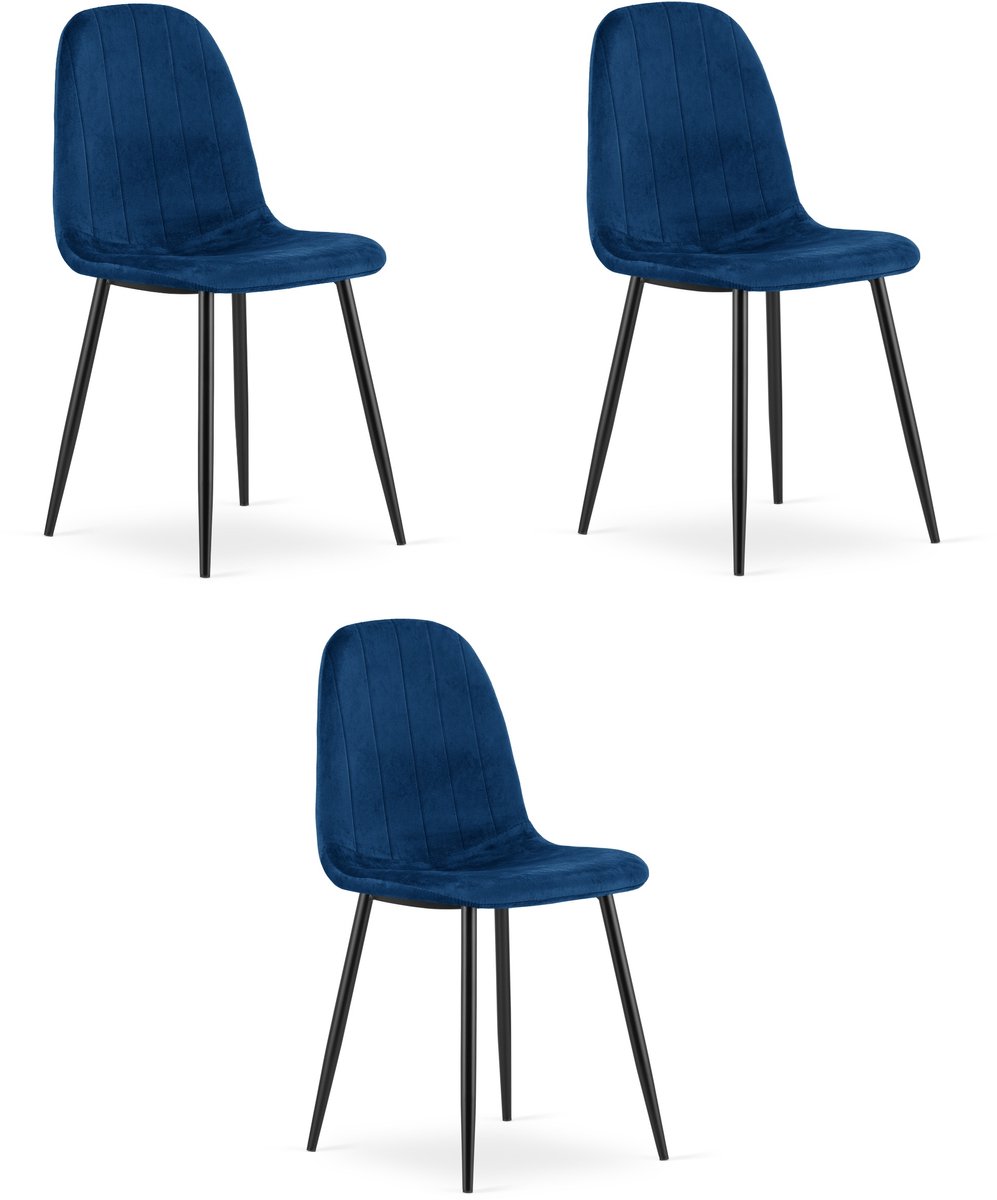 Set van 3 eetkamerstoelen PADVA - Donkerblauw fluweel – Zwarte metalen poten – Modern design