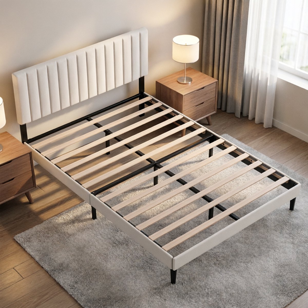 CECIPA Gestoffeerd Bed - Tweepersoonsbed 140x200 cm - Metalen Bedframe - Met Hoogte Verstelbaar Hoofdeinde en Lattenbodem - Opbergruimte Onder Bed - Voor 2 personen - Draagkracht 480 kg - Beige