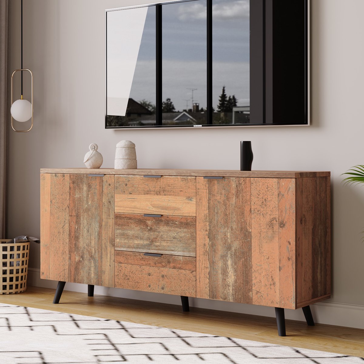 MODENUIT Dressoir - 3 Lades En Verstelbare Planken - Voor Woonkamer En Eetkamer - Bruine Spaanplaat - 140x35x70 Cm