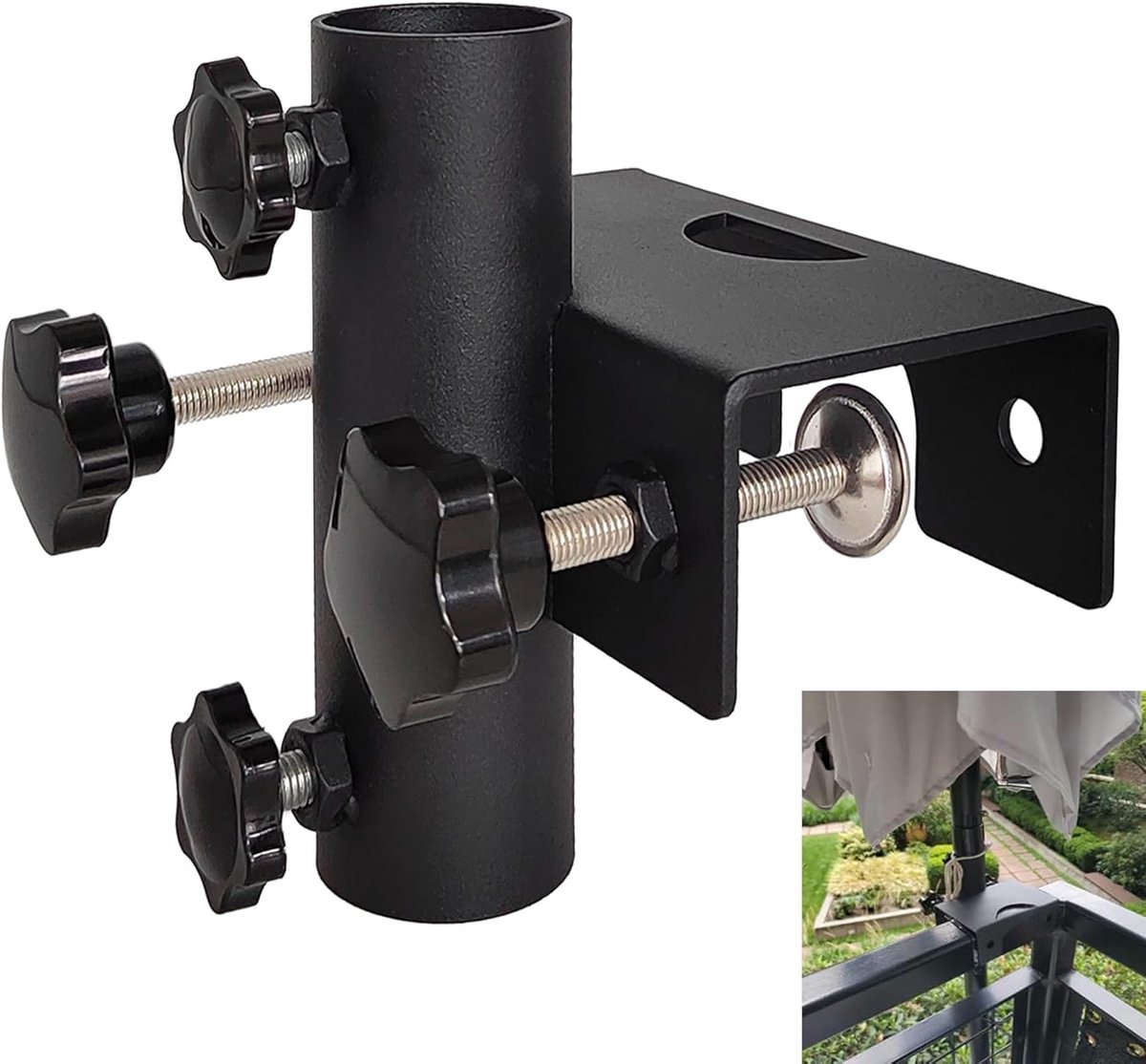 Parasolhouder - Parasolklem - Balkon Parasol Houder - TENZHVXI® - Verstelbare Klem Voor Ronde En Vierkante Relingen - Roestvrij Staal Met Zwarte Coating - Geschikt Voor Palen 2,5 Tot 3,8 Cm - Inclusief Montagebouten - Ideaal Voor Balkon Boot En Tuin