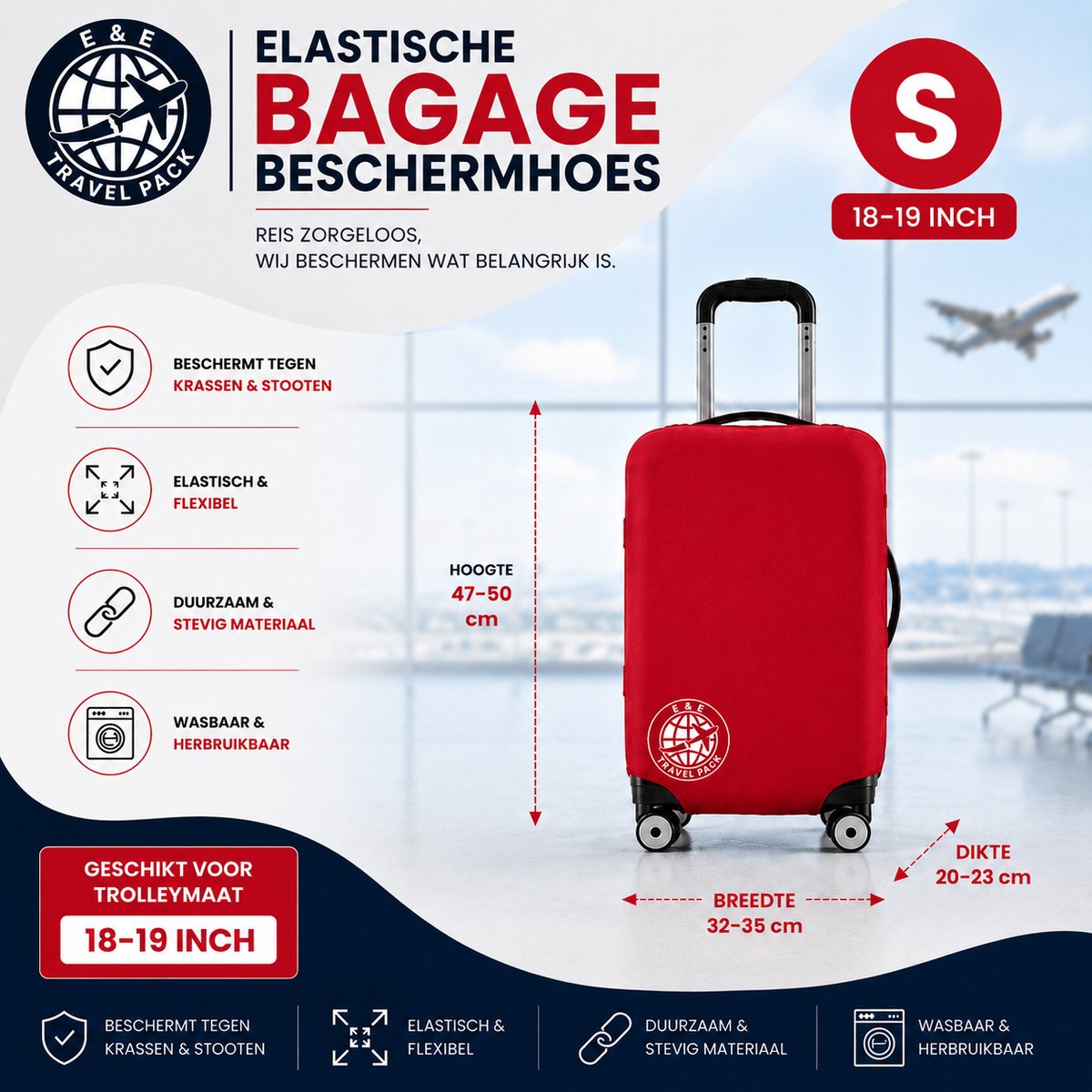 Wasbare Elastische Bagage Beschermhoes Maat S-20 inch- E&E Travel Pack-Reiskofferhoes, Trolley Protector Cover Kofferhoes, bagagehoes, bagagehoes, vakantie, reizen beschermhoes, koffer (20-32 inch), vliegtuig Travel-ROOD/BLAUW/ZWART