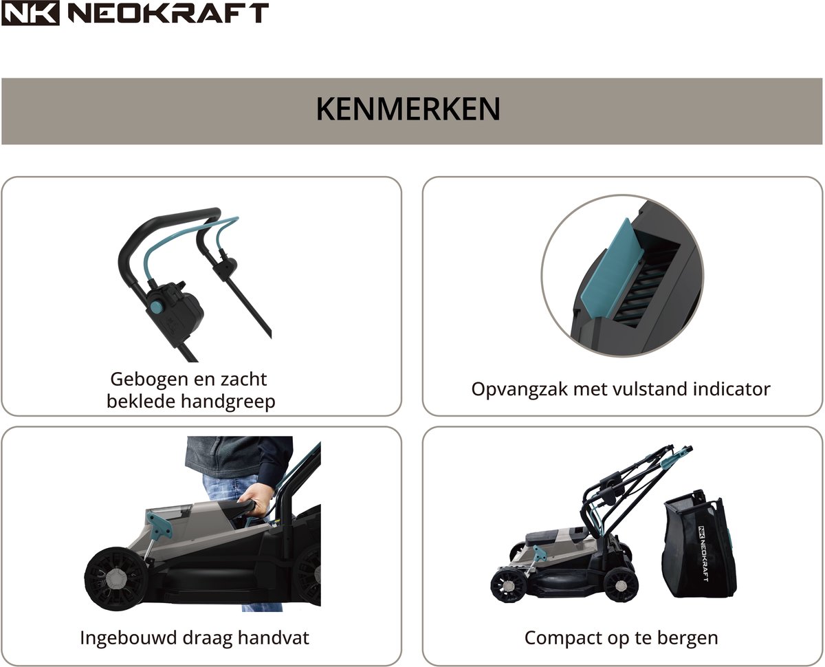 Neokraft - 20V Accu grasmaaier - 33cm maaibreedte - Brushless motor - 5 instelbare maaihoogtes - Incl 30L opvangzak - Incl. 20V 4,0Ah accu & lader thumbnail 3
