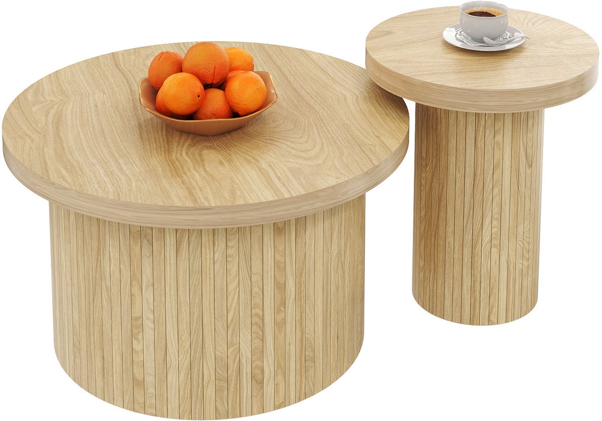 Salontafel Set van 2– Bijzettafels / Nesttafels - Rond – 66x66x40 & 40x40x46 cm – Moderne Bijzettafels - Geschikt voor de woonkamer, slaapkamer - Natuurlijke houtkleur