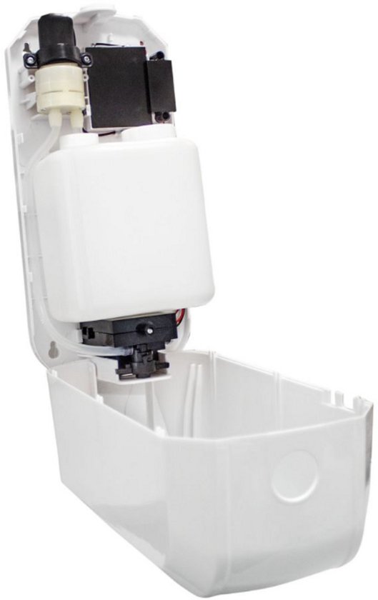 Open witte automatische zeepdispenser, die de interne tank en pompmechanisme toont.