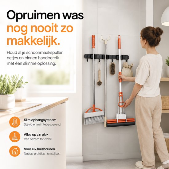 BOTC Bezemhouder - Bezemhouder ophangsysteem - Tuingereedschap - 3 Houders 4 Haken - 304 RVS - 3M Tape - Zwart van BOTC — afbeelding 2