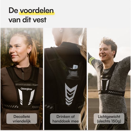 GearGlow hardloopvesten, de ene is décolletévriendelijk en de andere heeft een drinken/handdoek vak. Lichtgewicht (150g).