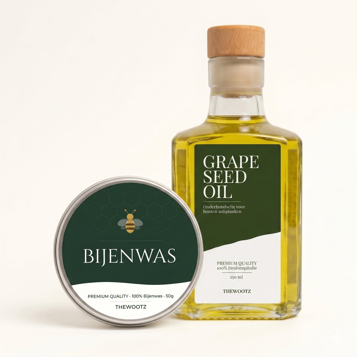 TheWootz Onderhoudsduo Snijplank – 100% Druivenpitolie 250ml + Bijenwas 50g – Compleet Onderhoud voor Houten & Bamboe Snijplanken