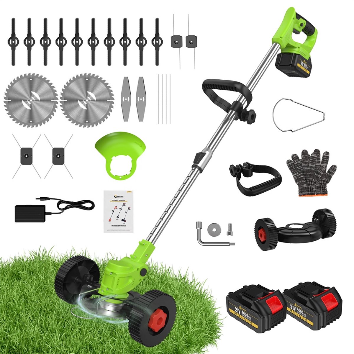CONENTOOL Accu Grastrimmer 21V - Kantenmaaier - Elektrische Grasmaaier - Multifunctionele Bosmaaier - 2x 4.0Ah Accu’s & Verwisselbare Mesjes - Voor Tuin en Onkruid