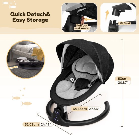 Elektrische Babyschommel voor Peuters - Bluetooth Muziek Wipstoel met 5 Schommelstanden, 3 Timerinstellingen, Afneembaar Kussen, Zwart — afbeelding 2