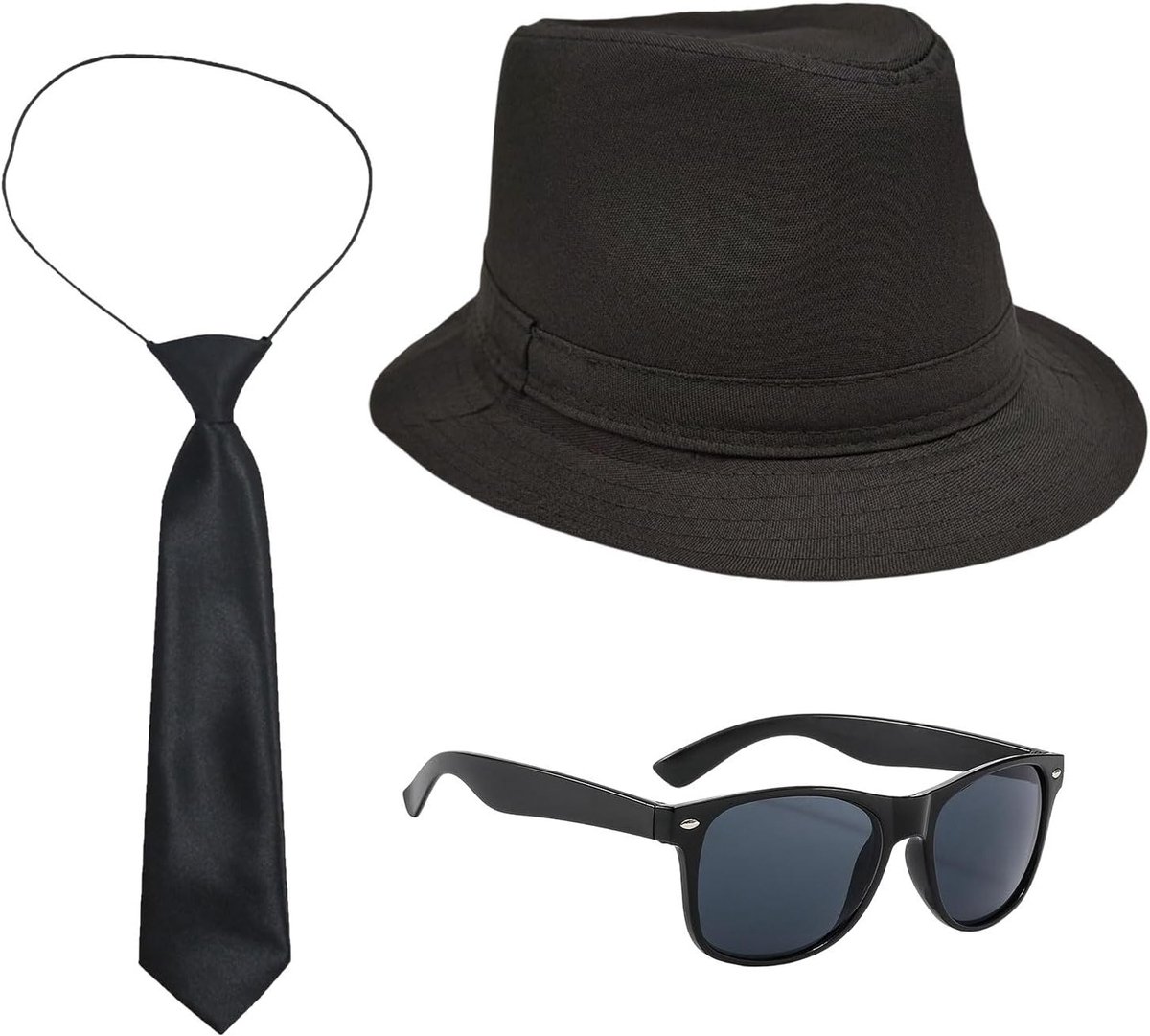 Volwassen Gangster Kostuum met Fedora Hoed, Zwarte Stropdas en Zonnebril voor 20s en 90s Themafeesten