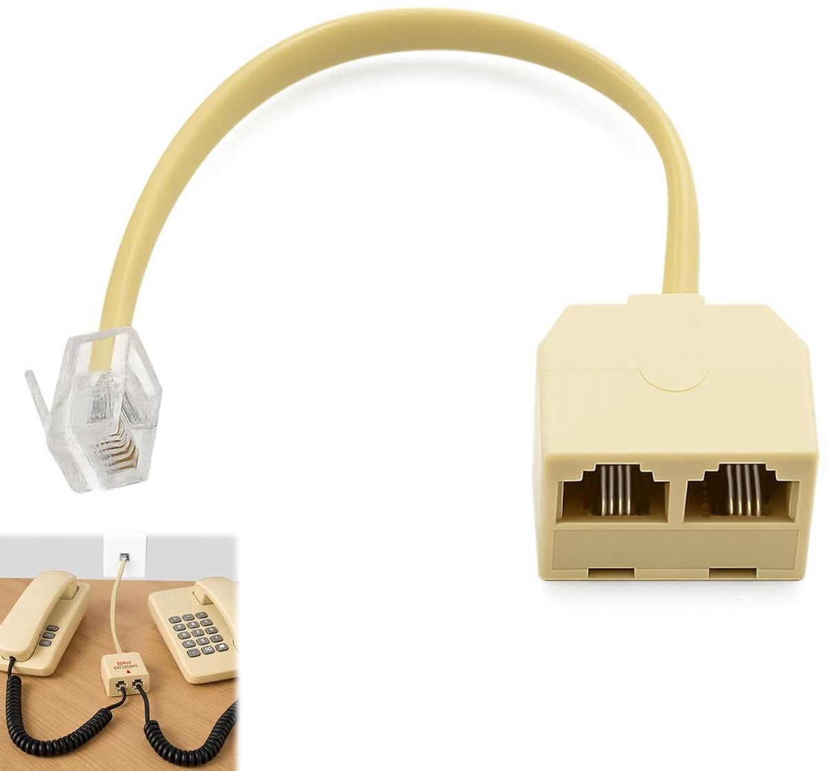 Telefoon Splitter - RJ11 Adapter - Twee Apparaten - Ingebouwde Kabel - Compact Ontwerp