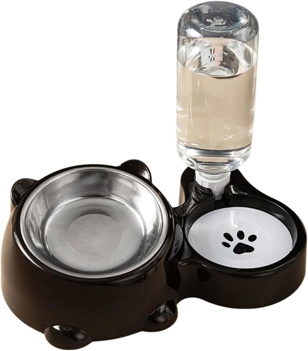 Zwart 2-in-1 Dubbele Voerbak voor Honden en Katten – Voer- en Drinkset voor Huisdieren met Uitneembare RVS Kom, Automatische Waterdispenser (Morsvrij) – Geschikt voor Katten, Puppy's en Kleine Honden