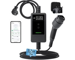 dé Type 2 Mobiele Thuislader 3,7kW met App - Schuko Plug - 16A 1 Fase - 7 Meter Kabel - EV-oplader met LCD Display