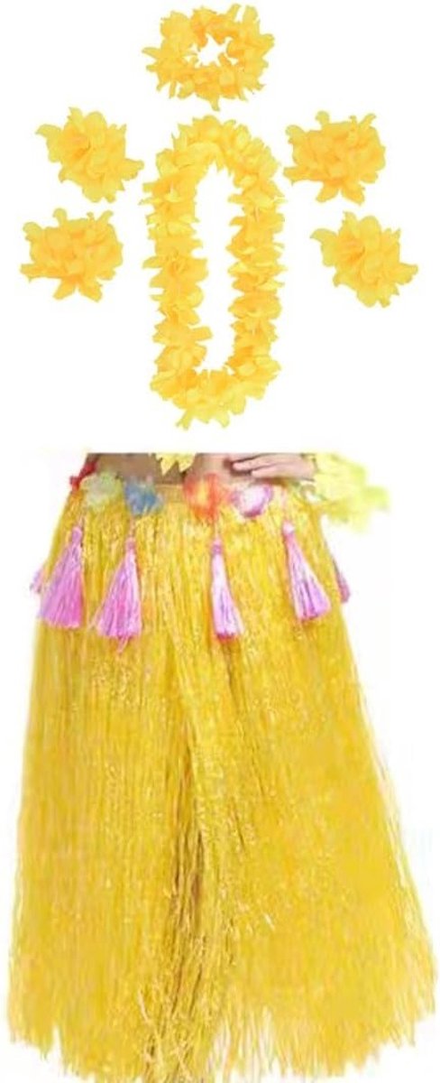 Hawaiiaanse rok set met 7 delen voor vrouwen, trendy kostuumaccessoires en feestdecoratie voor een luau of tropisch thema.