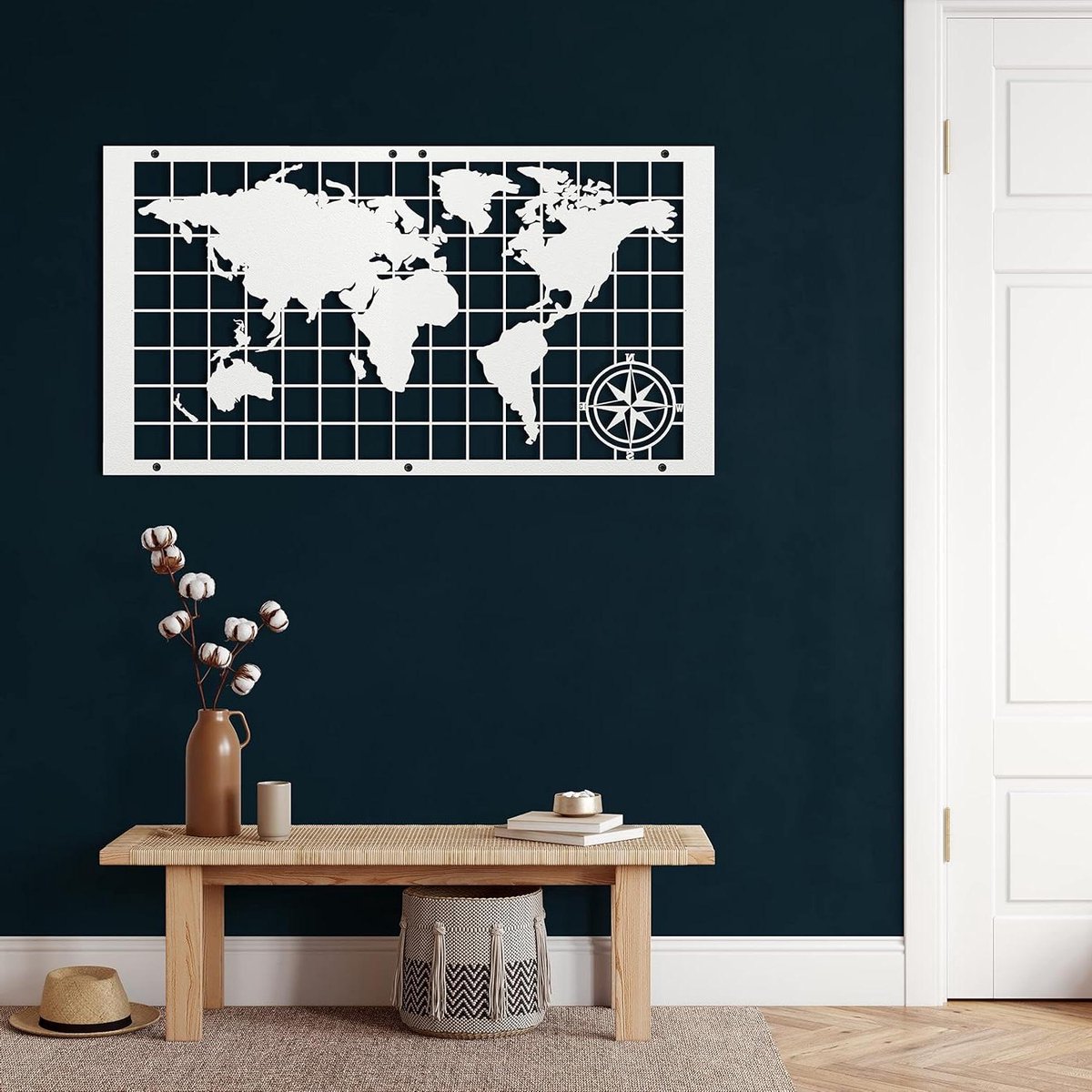 Metalen Wereldkaart - Wanddecoratie Continenten - Woonkamer Decoratie - Zwevend Effect - 117x65cm - Wit