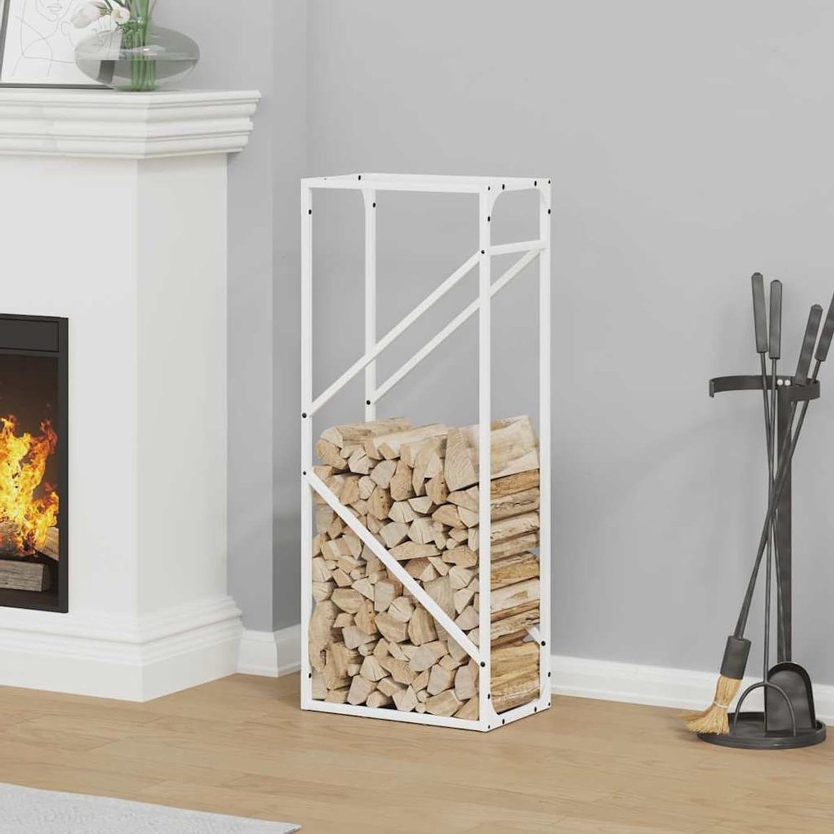 Gecheer Brandhoutrek wit, 40 x 25 x 100 cm, koudgewalst staal, haardhoutrek voor binnen en buiten, kampvuur, camping, reizen, 864332
