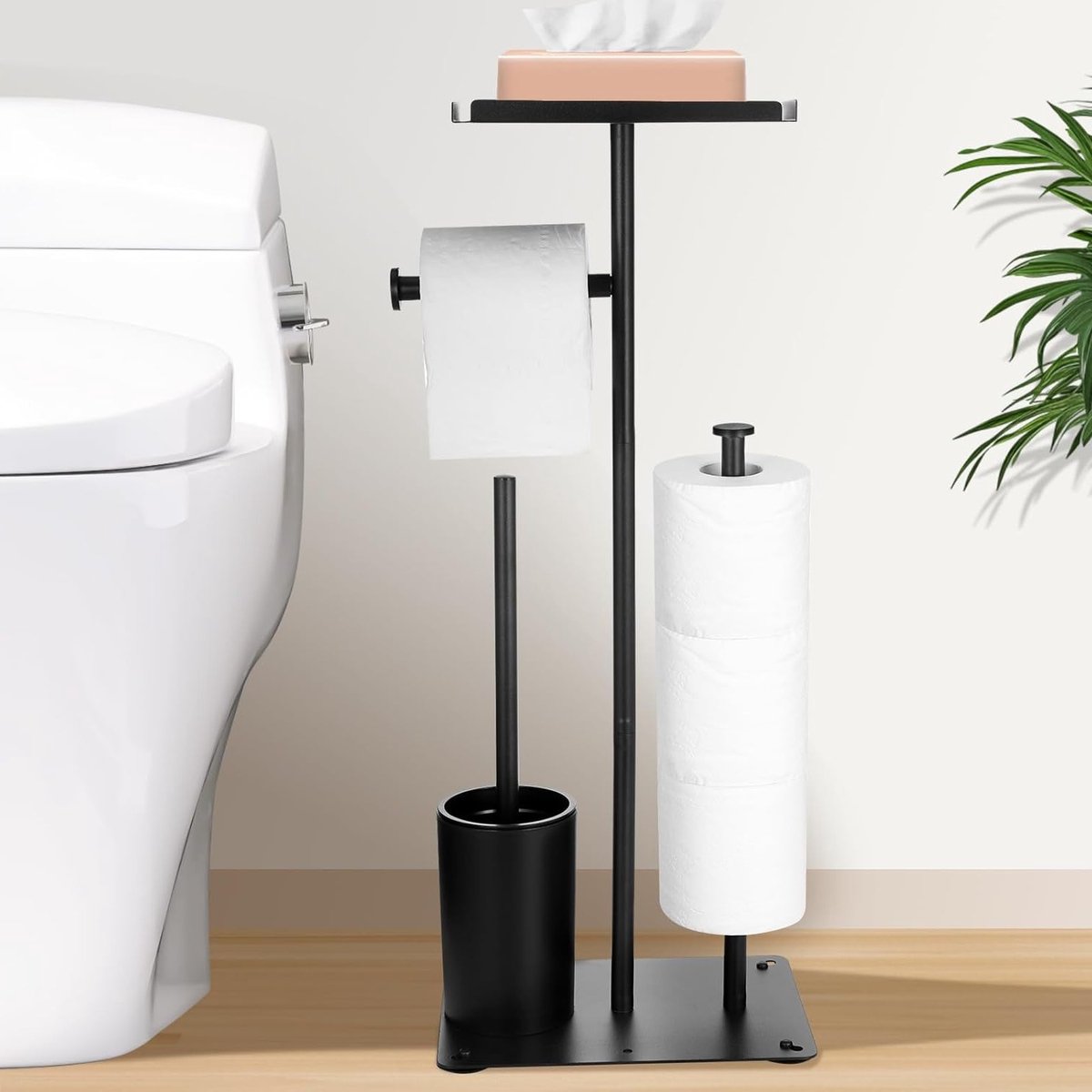 Vrijstaande Toiletrolhouder met Toiletborstel en Bovenste Plank, Matt Zwart Design voor Badkamer en Toiletaccessoires