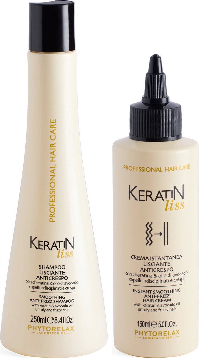 Phytorelax Keratin Liss Haarverzorgingsset – Anti-Frizz Shampoo & Leave-in Haarcrème – met Keratine & Avocado-olie – 250+150ml