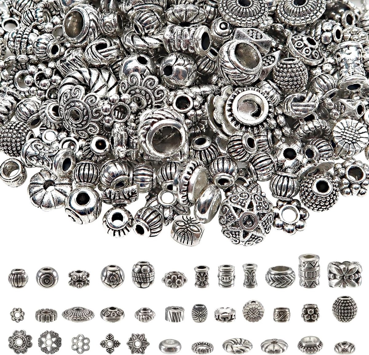 300 Stuks 35 Stijlen Spacer Kralen Antiek Zilver Tibetaanse Stijl Legering Kralen Set met Gat voor Armbanden en Sieraden Accessoires