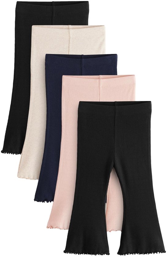 Set van 5 leggings in zwart, beige, donkerblauw, roze en zwart, alle geribbeld met uitlopende pijpen en gegolfde zoom.