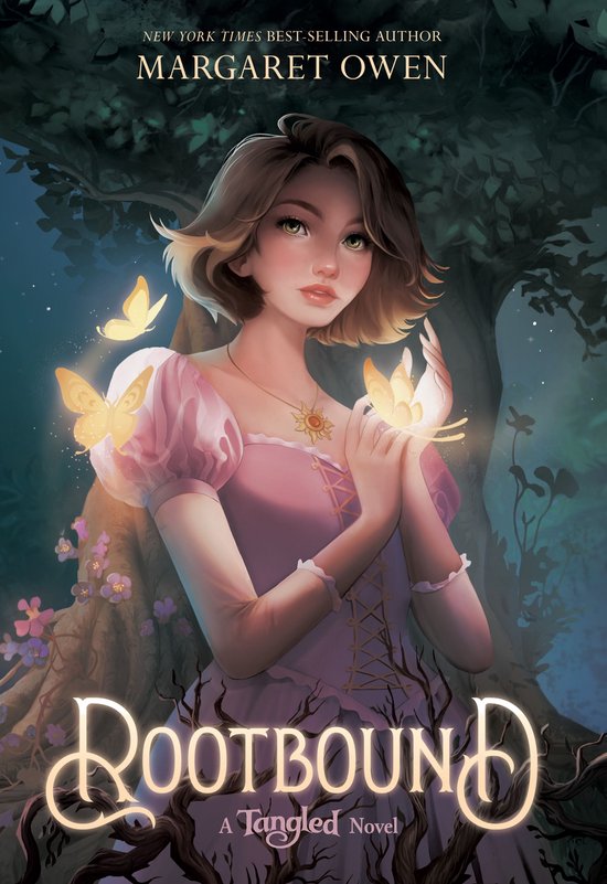 Couverture du livre 'Rootbound: A Tangled Novel' représentant une jeune femme aux cheveux châtain clair dans une robe rose, entourée de papillons et de fleurs.
