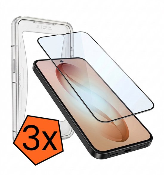 Drie screenprotectors met installatieframe en smartphone.