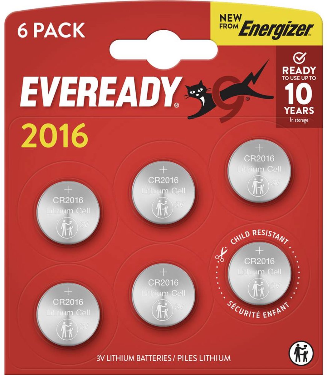 Energizer Eveready - Knoopcel batterijen - CR2016 - Lithium - 3V - 6 stuks