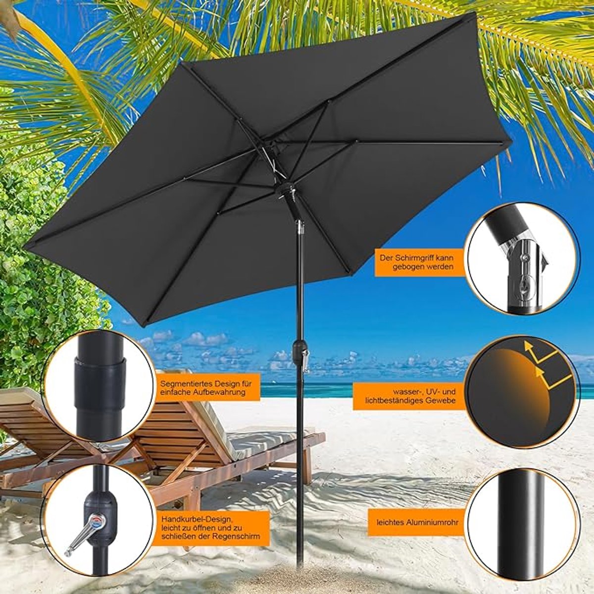 Zonne-energie Parasol 350 cm LED Verlichting, Rond, UV-Bescherming UPF 50+, Waterafstotend, Windbestendig, Zwengelparasol voor Tuin, Balkon en Terras – Afmetingen op aanvraag – Bellavero