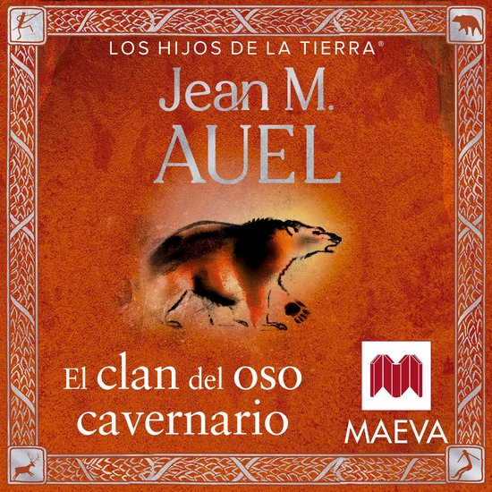 De omslag van het boek "El clan del oso cavernario" van Jean M. Auel. Een bruine beer met oranje gloed staat centraal op de oranje achtergrond met decoratieve rand.