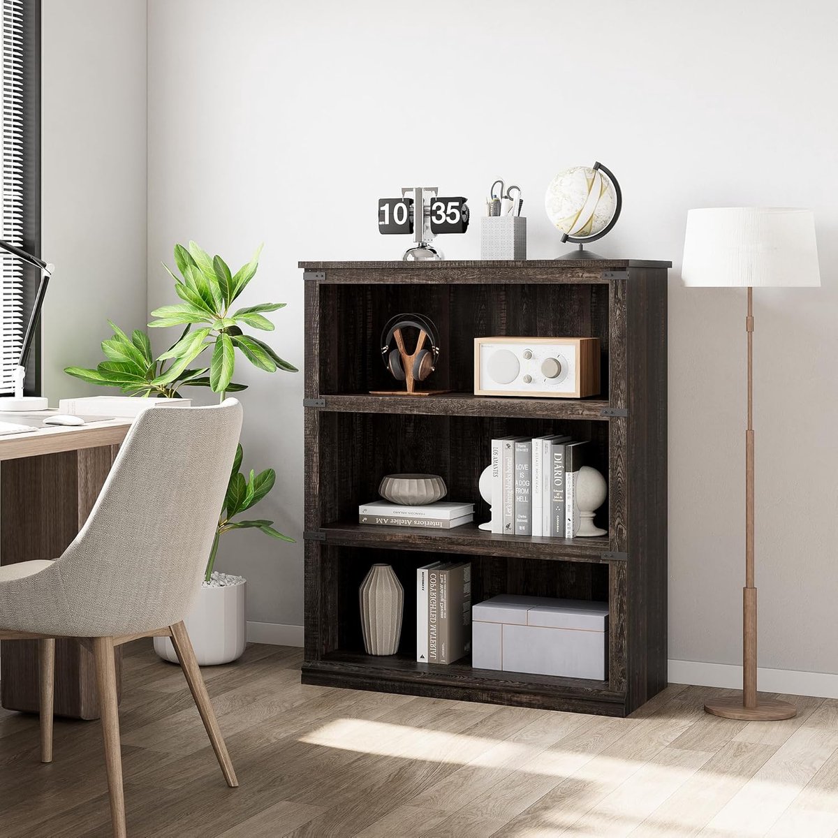 HOERFURIY Lage Landelijke Boekenkast met 3 Planken - Houten Open Vakkenkast - Opbergkast voor Woonkamer, Kantoor & Slaapkamer - Eikenhout