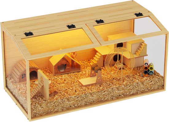 BingoPaw Luxe Houten Hamsterkooi - 100 cm Groot Verblijf - Met Gehard Glas & LED Verlichting - Knaagbestendig & Duurzaam - Geschikt voor Hamsters, Cavia's & Egels - 100.7 x 50 x 50 cm