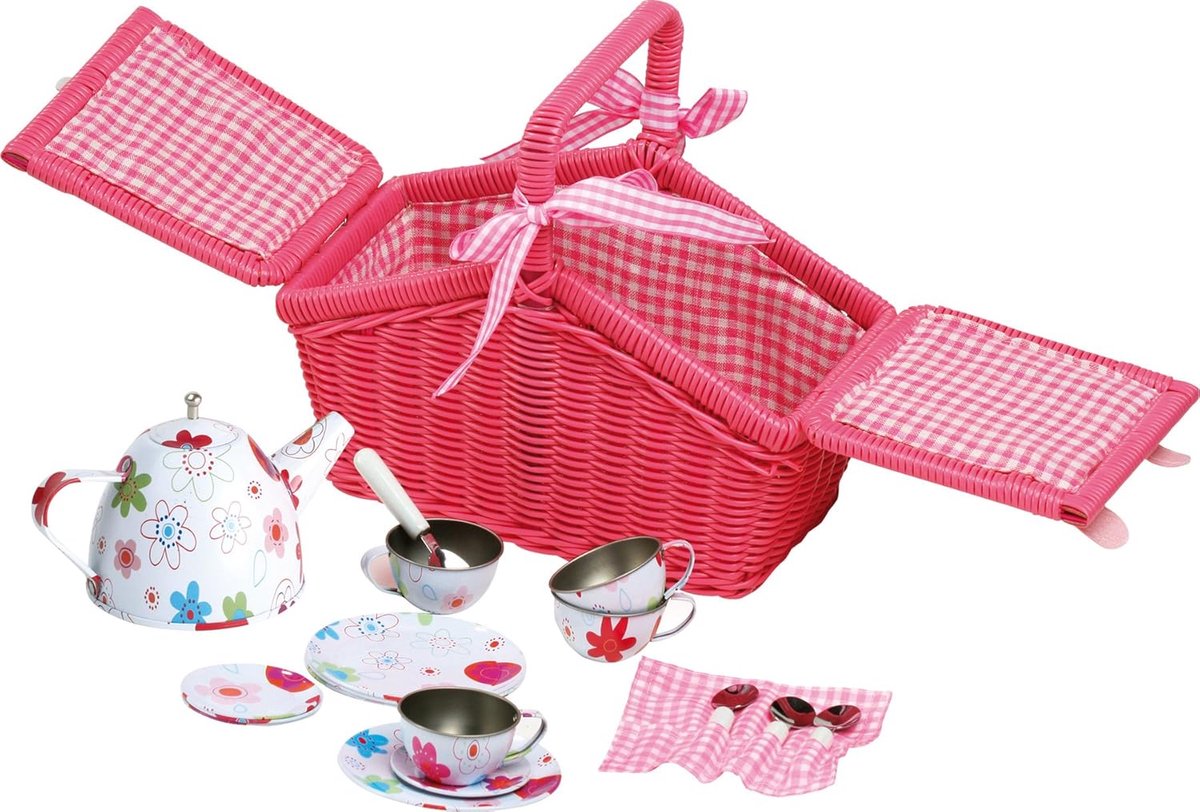 Picknickmand met 18-delig - 3 Jaar - Picknick Mandje - Boodschappenmand - Fruitmand - Hout/Kunststof - Roze - 24 x 15 x 21 cm - van Imperatoris