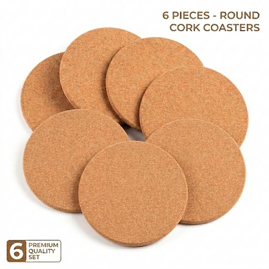 Zes ronde, natuurlijke kurken onderzetters, met tekst '6 PIECES - ROUND CORK COASTERS'.