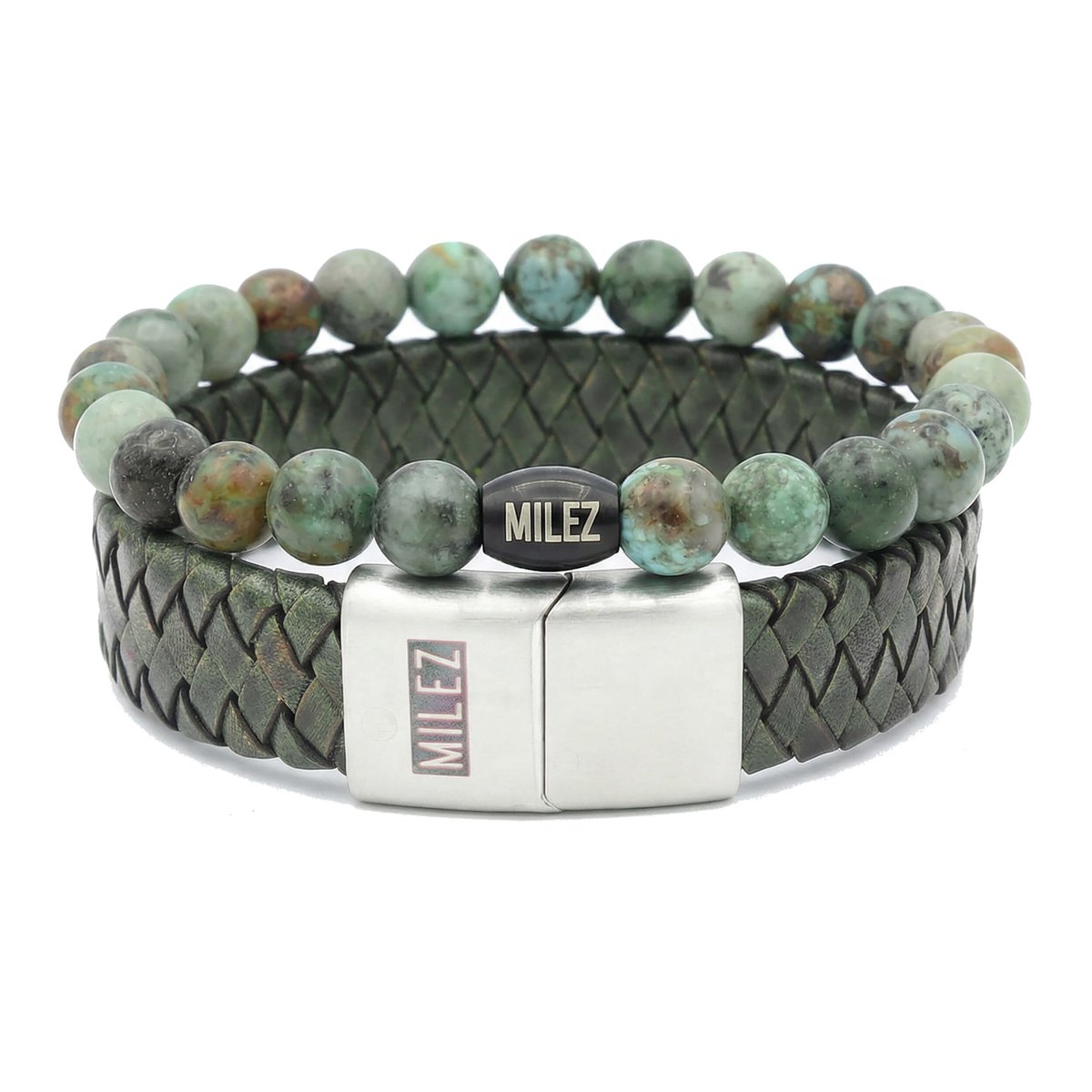 Milez - Armband set mannen - armband heren leer kralen - Mosgroen - Maat S