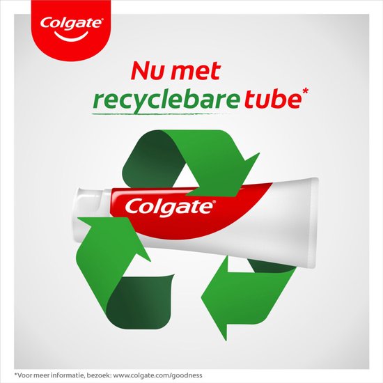Colgate tandpastatube in recycle-symbolen. Tekst "Nu met recyclebare tube".