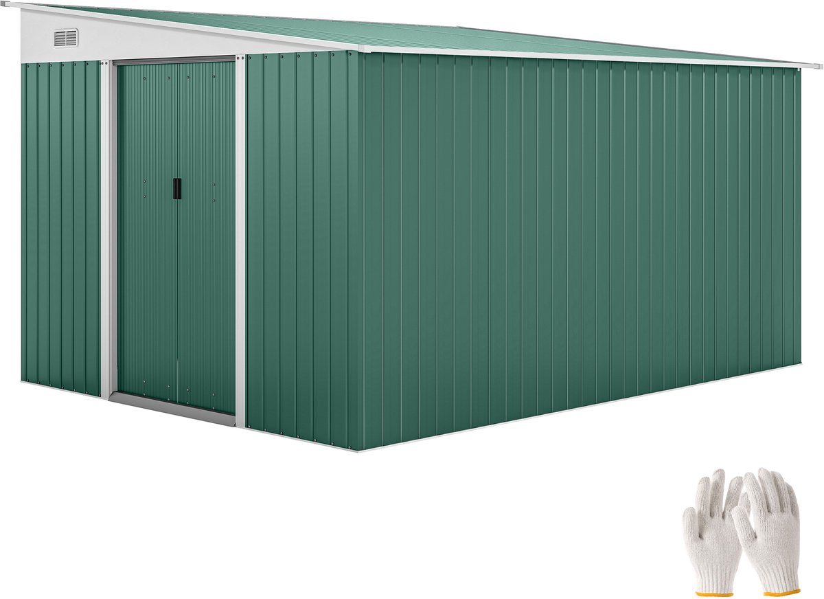 Killogood Metalen gereedschapsschuur lessenaarsdak afsluitbare dubbele deur 2.8 x 3.45 x 2.01m groen