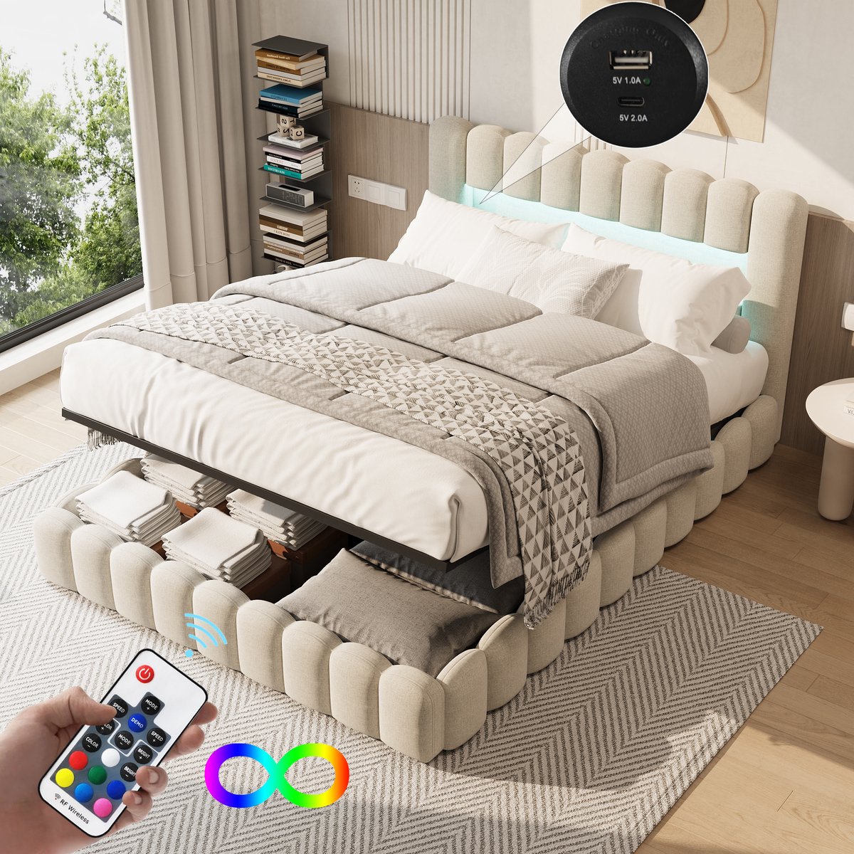 Gestoffeerd bed 180x200cm met LED-verlichting, USB-poort en opbergruimte. Hydraulische stang, gewatteerd hoofdbord, beige linnen stof, ingebouwd matrasontwerp, exclusief matras